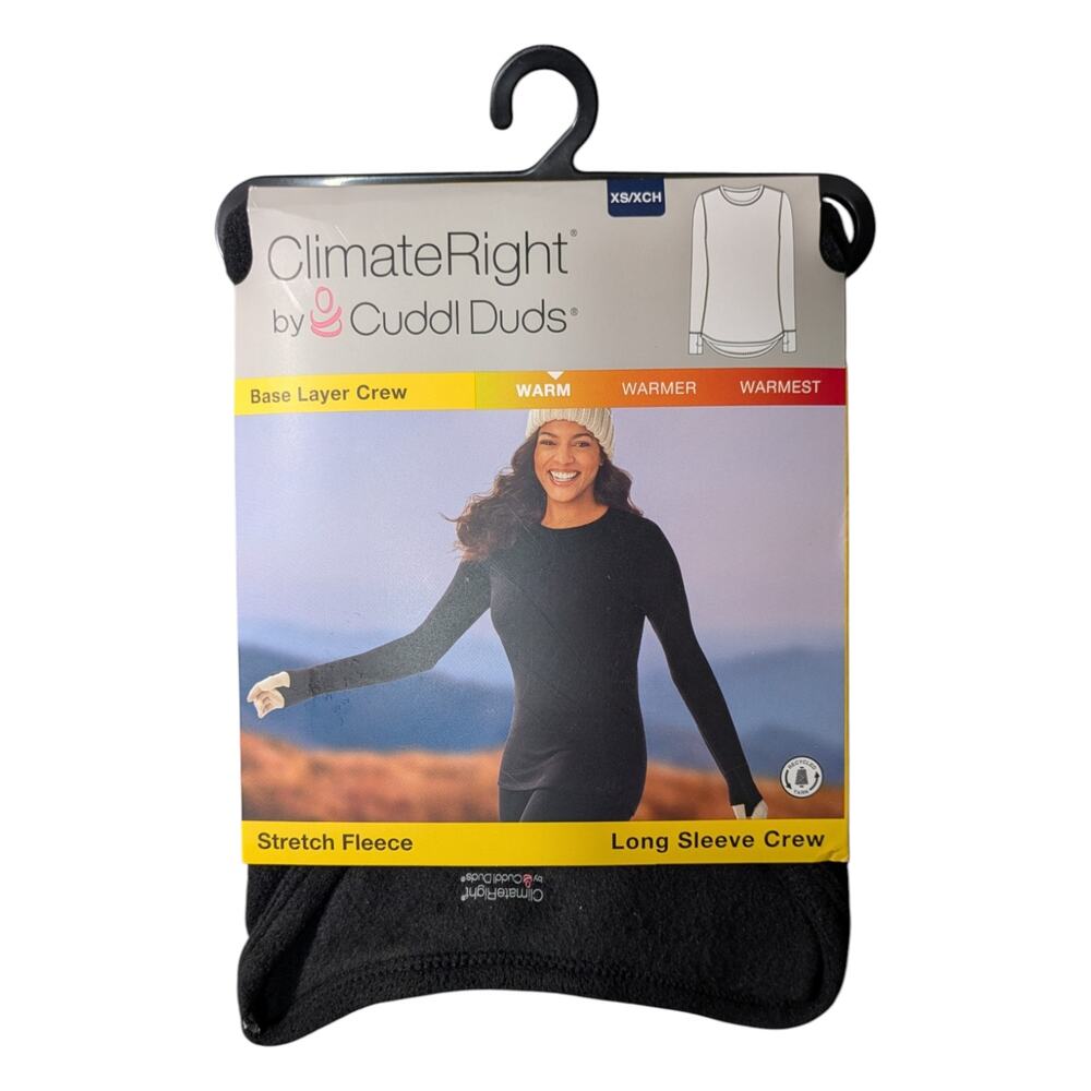 Cuddl Duds Base Layer Warm Stretch Fleece Black Crew Long Sleeve Size XS NWT